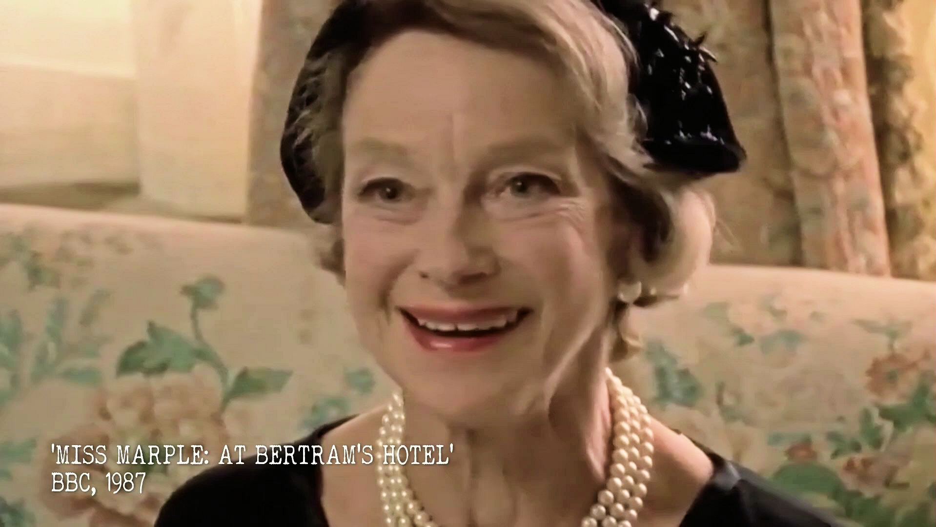 Screenshot from Agatha Christie’s England (2021) (1) featuring Joan Greenwood. Miss Marple: At Bertram’s Hotel. BBC, 1987