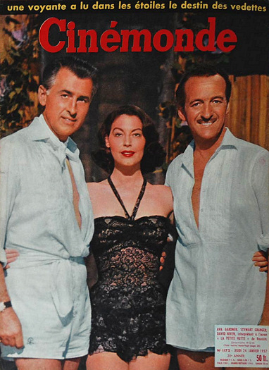 Cinémonde magazine with David Niven, Ava Gardner, and  Stewart Granger in The Little Hut.  24th January, 1957, issue number 1172.  (French)