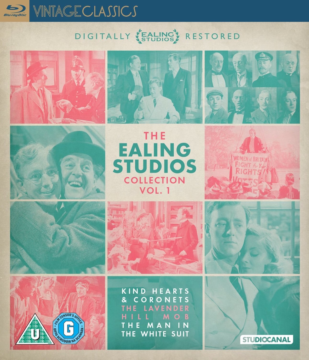 Front cover of The Ealing Studios Collection vol. 1 Blu-ray featuring Alec Guinness, Joan Greenwood and Stanley Holloway.  Part of the Vintage Classics series from Studio Canal.