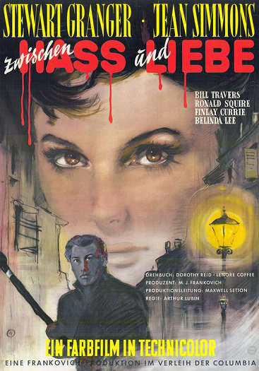 Jean Simmons (as Lily Watkins) and Stewart Granger (as Stephen Lowry) in a German poster for Footsteps in the Fog (1955) (1)
