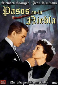 Stewart Granger (as Stephen Lowry) and Jean Simmons (as Lily Watkins) in a Spanish DVD cover of Footsteps in the Fog (1955) (1)