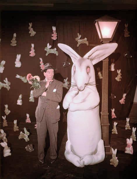 Photograph from Harvey (1950) (1) featuring Sid Field. English comedian and entertainer Sid Field (1904-1950) poses with a giant rabbit character named Harvey for the upcoming West End production of the play ‘Harvey’ by Mary Chase at the Prince of Wales Theatre in London, December 1948