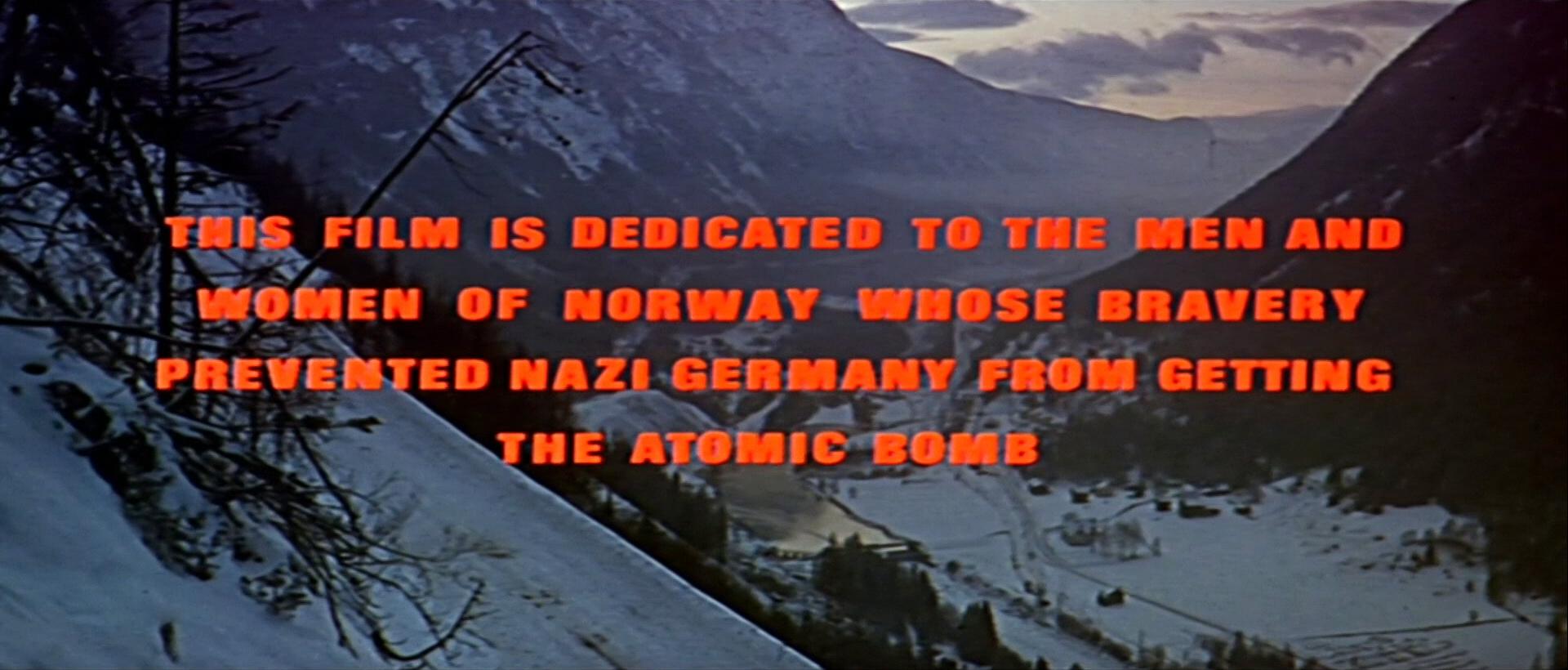 Screenshot from The Heroes of Telemark (1965) (2). This film is dedicated to the men and women of Norway whose bravery prevented Nazi Germany from getting the atomic bomb