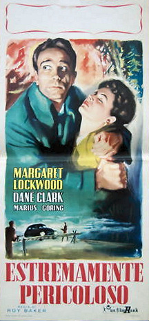 Dane Clark (as Bill Casey) and Margaret Lockwood (as Frances Gray) in an Italian poster for Highly Dangerous (1950) (1)