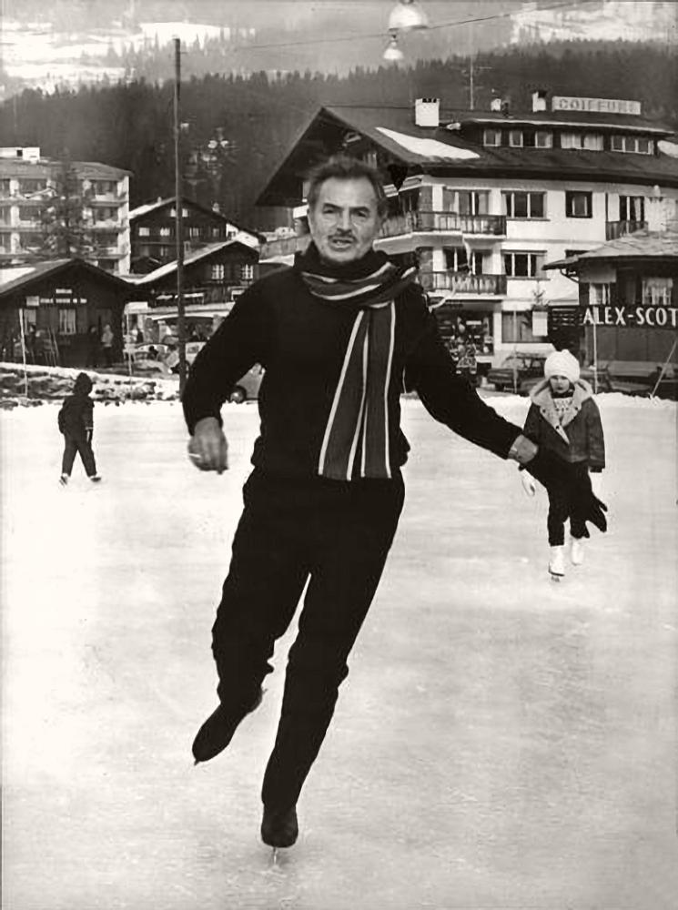 Photograph of English actor, James Mason, ski-ing