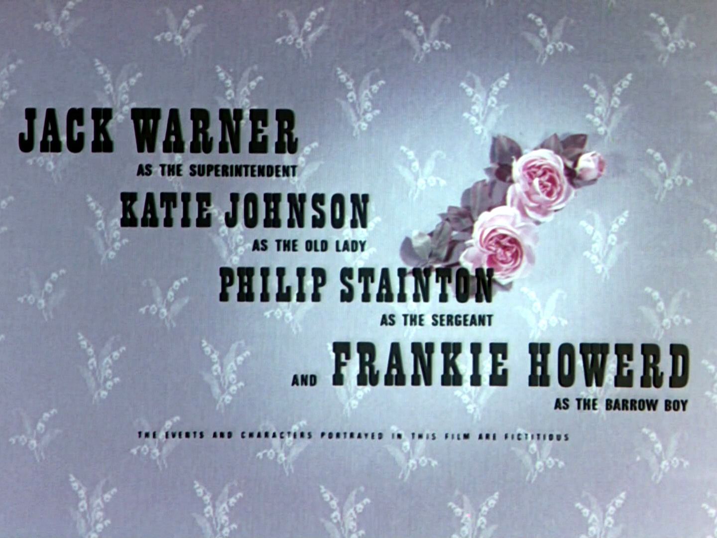 Main title from The Ladykillers (1955) (6).  Jack Warner as the Superintendent Katie Johnson as the Old Lady, Philip Stanton as the Sergeant and Frankie Howerd as the Barrow Boy.  The vents and characters portrayed in this film are fictitious