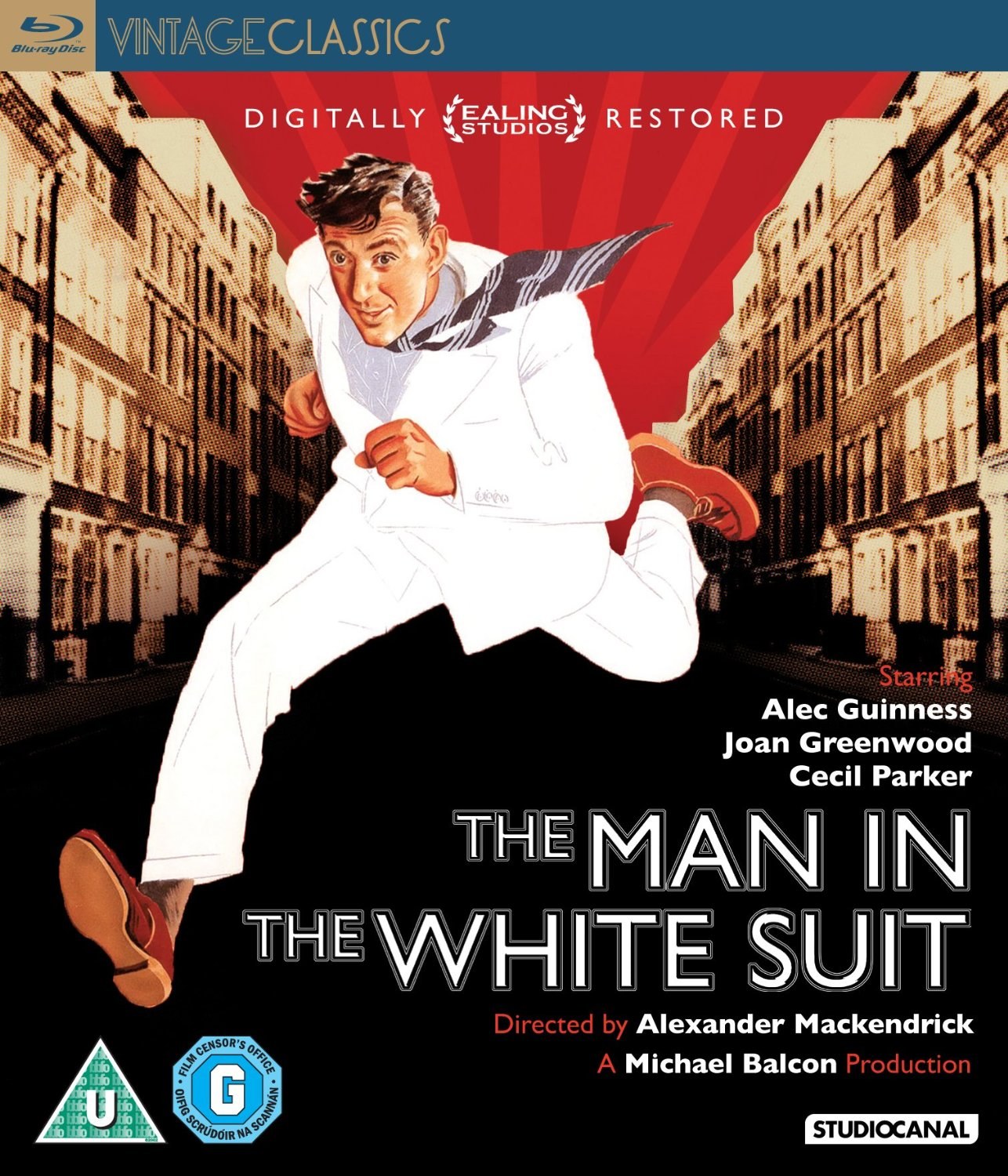 Front cover of The Man in the White Suit Blu-ray featuring Alec Guinness.  Part of the Vintage Classics series from Studio Canal.