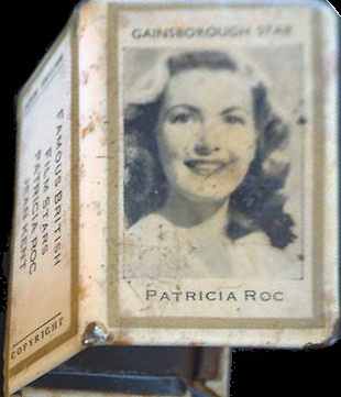 Matchbook holder featuring Gainsborough star Patricia Roc.   Famous british actress Jean Kent is on the reverse