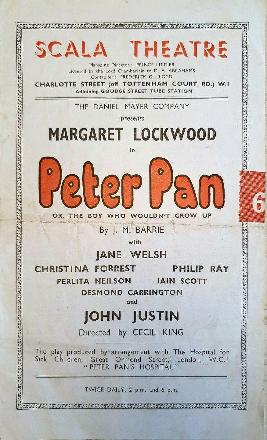 Programme from Peter Pan, performed at the Scala Theatre, London, in 1949