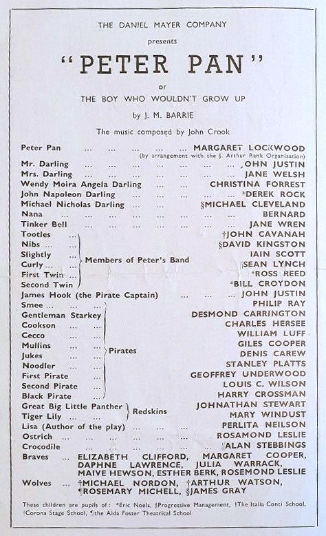 Programme from Peter Pan, performed at the Scala Theatre, London, in 1949.  Inside left page (cast list)