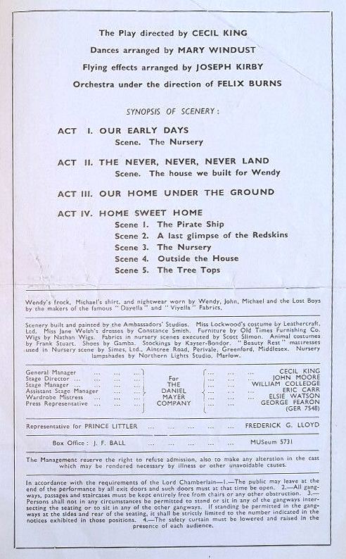 Programme from Peter Pan, performed at the Scala Theatre, London, in 1949.  Inside right page (production details)