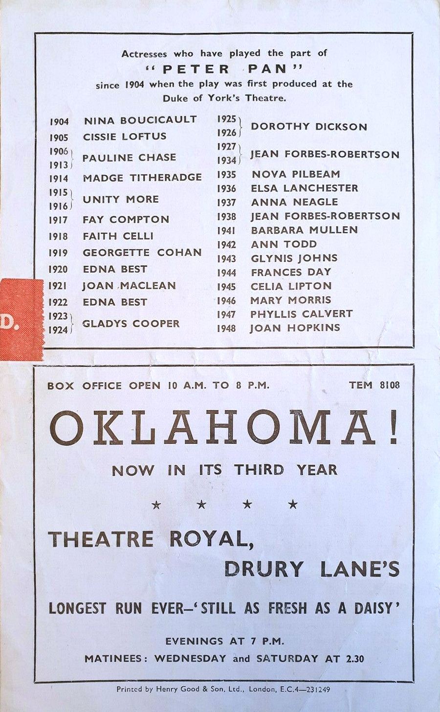 Programme from Peter Pan, performed at the Scala Theatre, London, in 1949.  Rear page