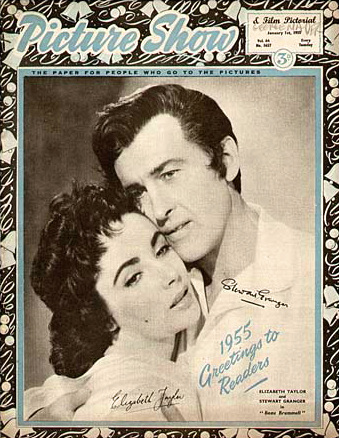 Picture Show magazine with Elizabeth Taylor and  Stewart Granger in Beau Brummell.  1st January, 1955.  1955 greetings to readers.