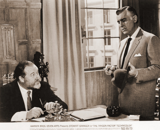 James Robertson Justice (as Sir John - English Version) and Stewart Granger (as Supt. Cooper-Smith) in a photograph from The Trygon Factor (1966) (2)