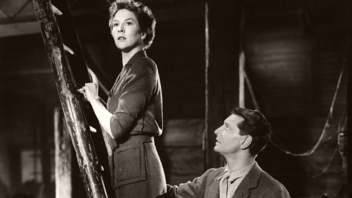 Torquil (Roger Livesey) looks up at Joan (Wendy Hiller) who is up a ladder in I Know Where I’m Going!